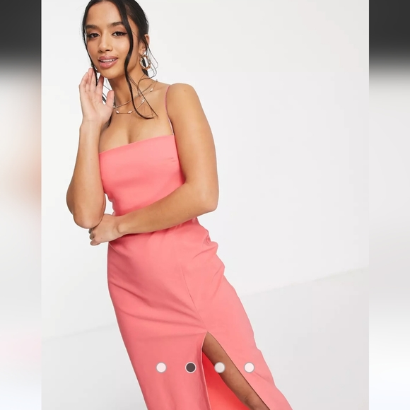 Vesper Petite cami strap midi dress with thigh split in bubblegum pink - Picture 2 of 4